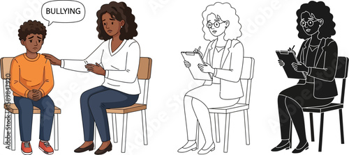 Illustration depicts bullying counseling with a therapist comforting a sad child victim, offering support and guidance.