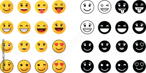 Yellow and black emoji set, vector collection, with smiling, winking and heart eyes expressions for digital design.