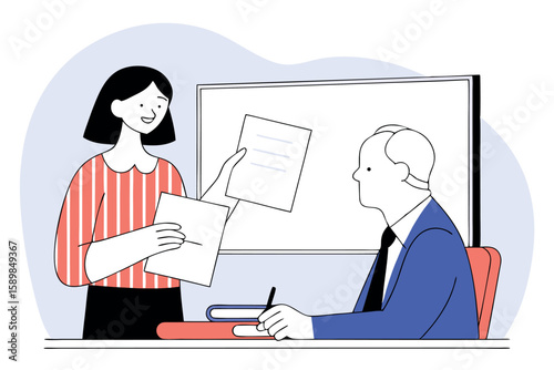 Girl presenting her knowledge to examining teacher, education assessment moment