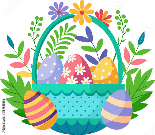 Easter Egg Basket with Colorful Eggs Vector