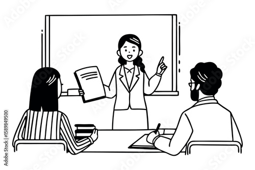 Young female student orally answering question to professors, university viva voce exam situation