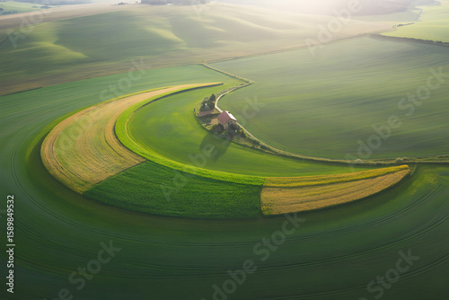 Scenic aerial view showcases rolling green agricultural fields with a charming farmhouse nestled among trees in a vibrant landscape.