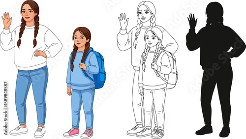 Happy girls with braids waving, presented as colored art, line drawing, and silhouette for versatile design options.