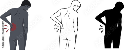 Back pain is illustrated on three different male figure outlines in a vector drawing