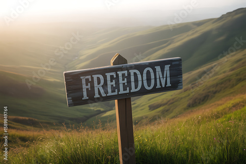A wooden sign displays the word Freedom amidst a lush green landscape, symbolizing liberation and open spaces with serene atmosphere.