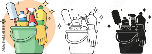 Bucket filled with cleaning products illustrated in three versions offering versatility for different designs.