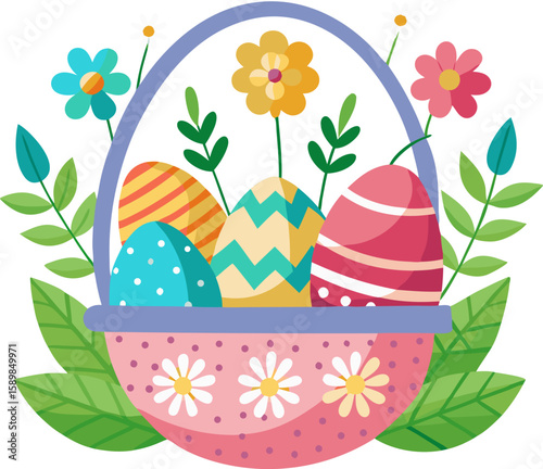 Easter Egg Basket with Colorful Eggs Vector