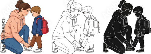 Cute woman tying shoelaces for child with backpack, presenting different styles together.