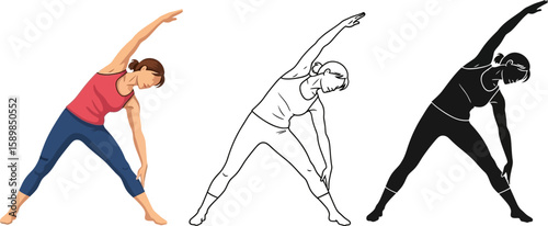 Woman practices yoga pose in color, line art, and silhouette for fitness and wellness