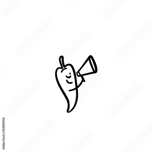 Minimalist Smiling Chili Pepper Logo – Doodle Art with Megaphone – Simple Line Drawing
