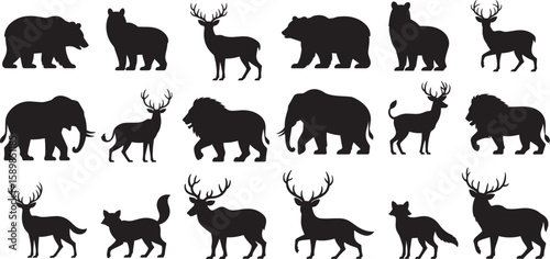 Black silhouettes of wild animals including bears deer lions elephants and foxes wolf