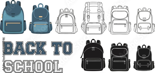 Various backpacks illustrate the theme of back to school in several different design styles and colors.