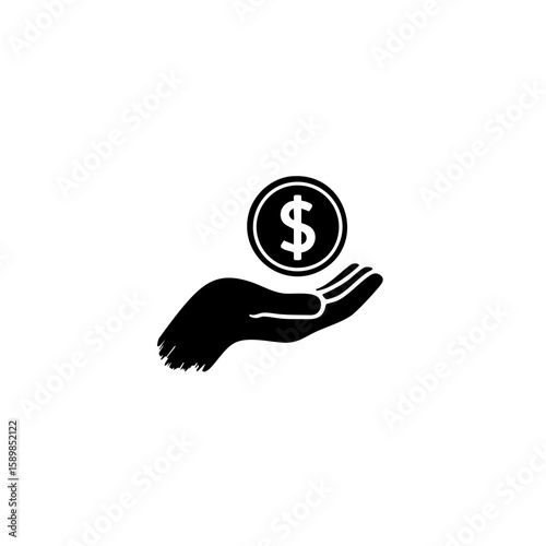 Solid Black Hand Holding Dollar Coin Icon – Minimal Profit & Earnings Symbol – Flat Vector Design