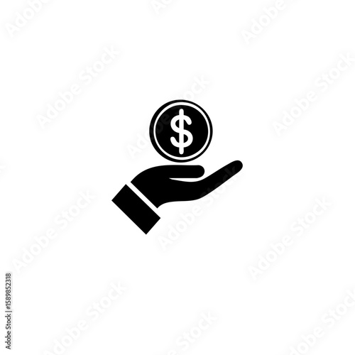 Solid Black Hand Holding Dollar Coin Icon – Minimal Profit & Earnings Symbol – Flat Vector Design