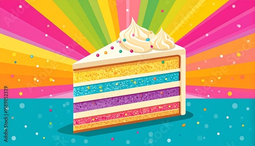 Colorful cake slice with rainbow background