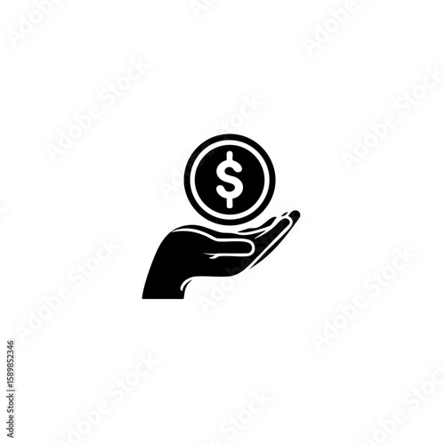 Solid Black Hand Holding Dollar Coin Icon – Minimal Profit & Earnings Symbol – Flat Vector Design