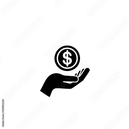 Solid Black Hand Holding Dollar Coin Icon – Minimal Profit & Earnings Symbol – Flat Vector Design