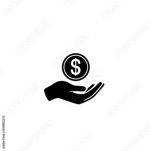 Solid Black Hand Holding Dollar Coin Icon – Minimal Profit & Earnings Symbol – Flat Vector Design