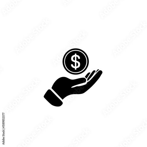 Solid Black Hand Holding Dollar Coin Icon – Minimal Profit & Earnings Symbol – Flat Vector Design