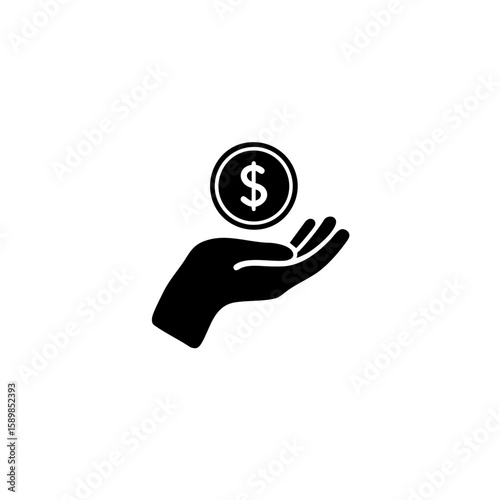 Solid Black Hand Holding Dollar Coin Icon – Minimal Profit & Earnings Symbol – Flat Vector Design