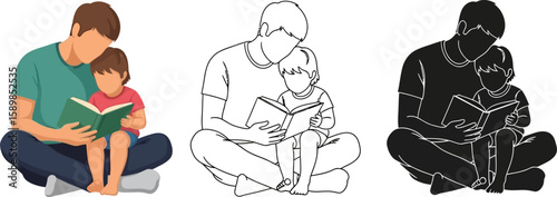 Father and child read a book together in multiple styles on a white background