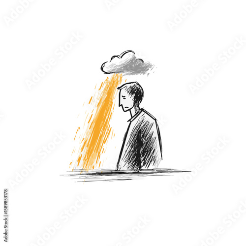 Minimalist Storyboard Panel – Sad Silhouette & Warm Orange Vapor – Line Art Sketch
