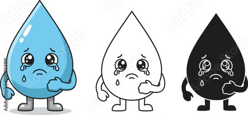 Crying water drops cartoon character set presents a sad and emotional mascot icon illustration for a child.