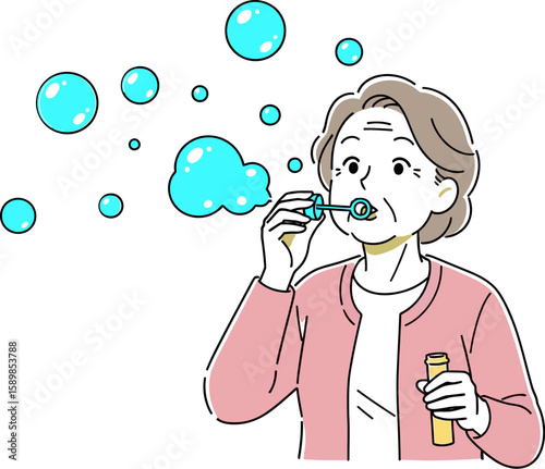 Cheerful woman playfully blowing bubbles in an illustration with a light and airy, playful artistic style.