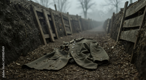 Vintage military jacket lying on muddy ground. Abandoned army uniform coat with buttons and pockets. Historical wartime clothing artifact in battlefield environment