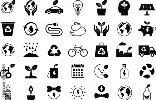 Collection of Black Eco Icons Sustainability Symbols for Green Initiatives