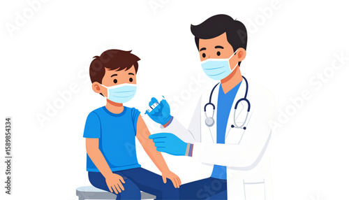Child Vaccination A Pediatrician's Care During Immunization, Protecting Health with a Needle and Facemask in Healthcare Setting