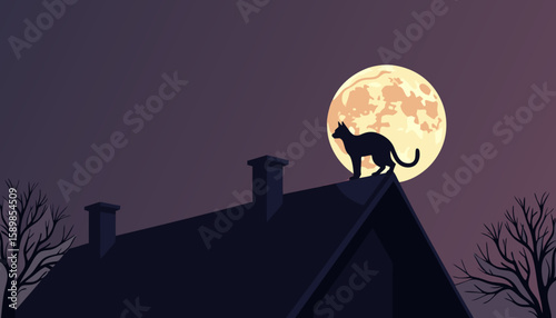 Black cat walking on the rooftop under full moon at night  