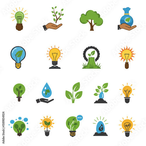 Eco friendly design featuring plant and lightbulb icons, suitable for environment and nature-related projects, logos, or any environmentally conscious design.