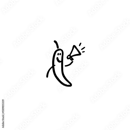 Minimalist Smiling Chili Pepper Logo – Doodle Art with Megaphone – Simple Line Drawing