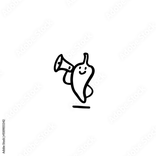Minimalist Smiling Chili Pepper Logo – Doodle Art with Megaphone – Simple Line Drawing