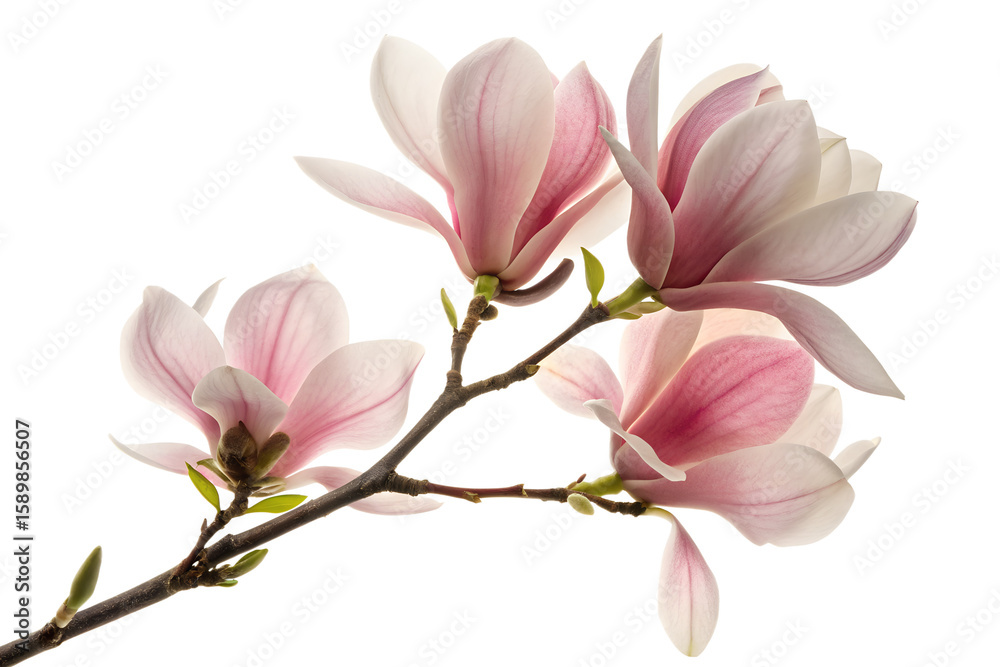 Fototapeta premium Delicate pink and white magnolia blossoms on a branch isolated on transparent background