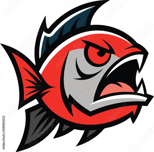 Furious fish head mascot logo with puffed gills and vibrant colors