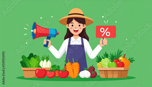 Sustainable Agriculture Promotion Farmer with Megaphone Promoting Fresh Produce Discounts at the Local Market