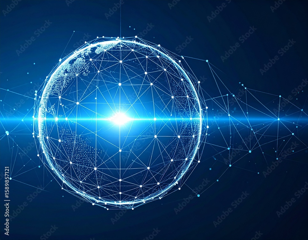 Fototapeta premium Glowing 3D sphere made of digital connections and bright light rays