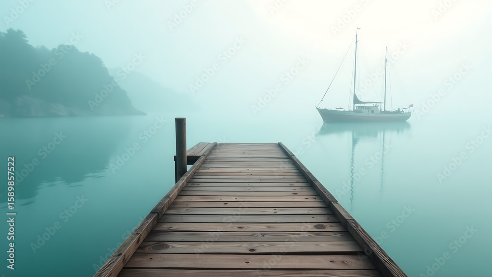 Fototapeta premium wooden dock stretches serene harbor lone ship glides calm turquoise waters surrounded soft morning