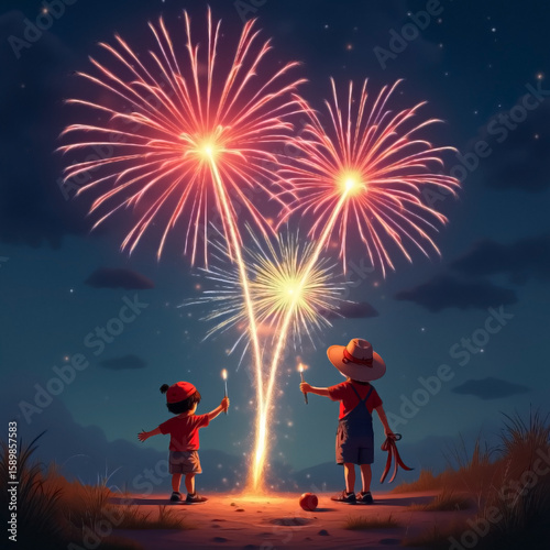 Two children enjoying a fireworks display on the 4th of July
