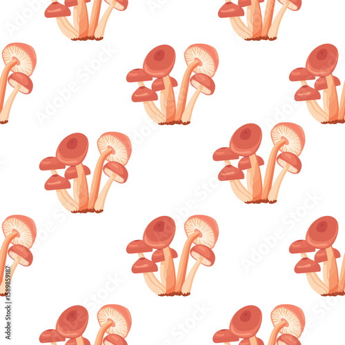 Autumn harvest seamless pattern with mushrooms honey fungus. Forest plants of different sizes. Brown and beige colors on white background. Cartoon print on fabric and paper. Vector illustration. 