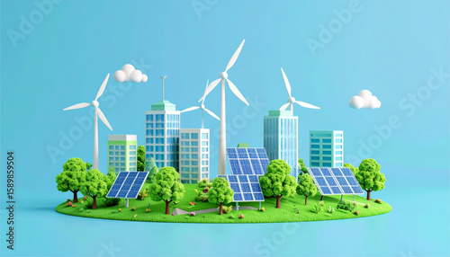 Sustainable Energy Landscape A 3D Rendering of Green City with Wind Turbines and Solar Panels 