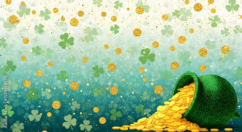 Sparkling Green Pot of Gold with Shamrocks for St. Patrick's Day Celebration