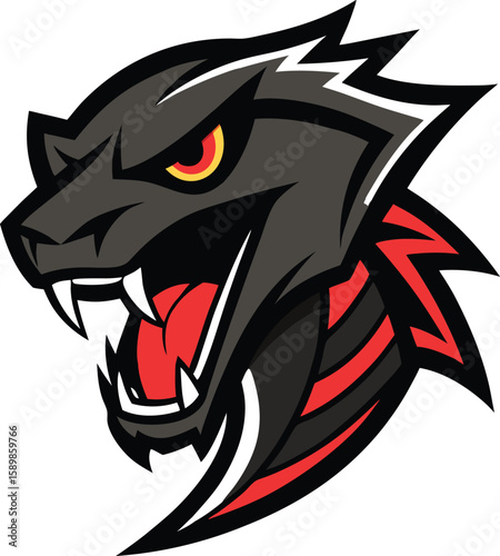 Furious viper head mascot logo with flicking tongue and vibrant colors