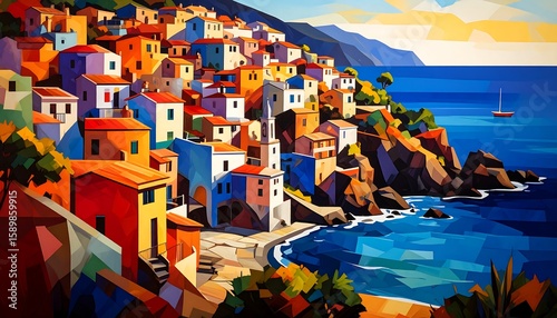 Colorful coastal town scene