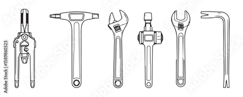 Assorted metal wrenches and tools adjustable wrench