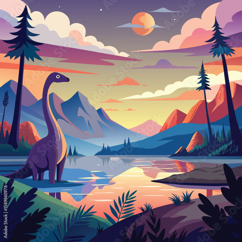 A majestic brachiosaurus standing beside a serene lake under a sunset sky