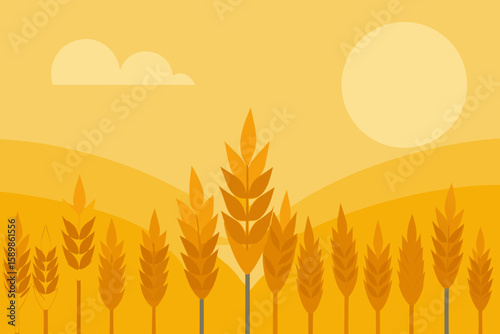 Golden wheat field under a bright sun and soft clouds in a stylized landscape