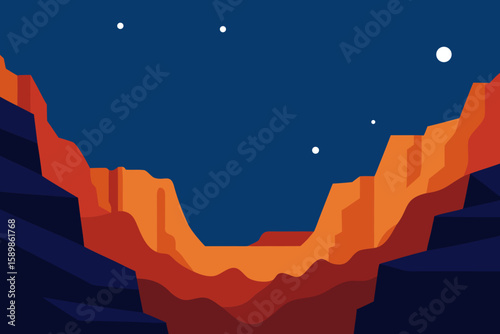 Stylized martian landscape with canyons and stars under a dark blue sky